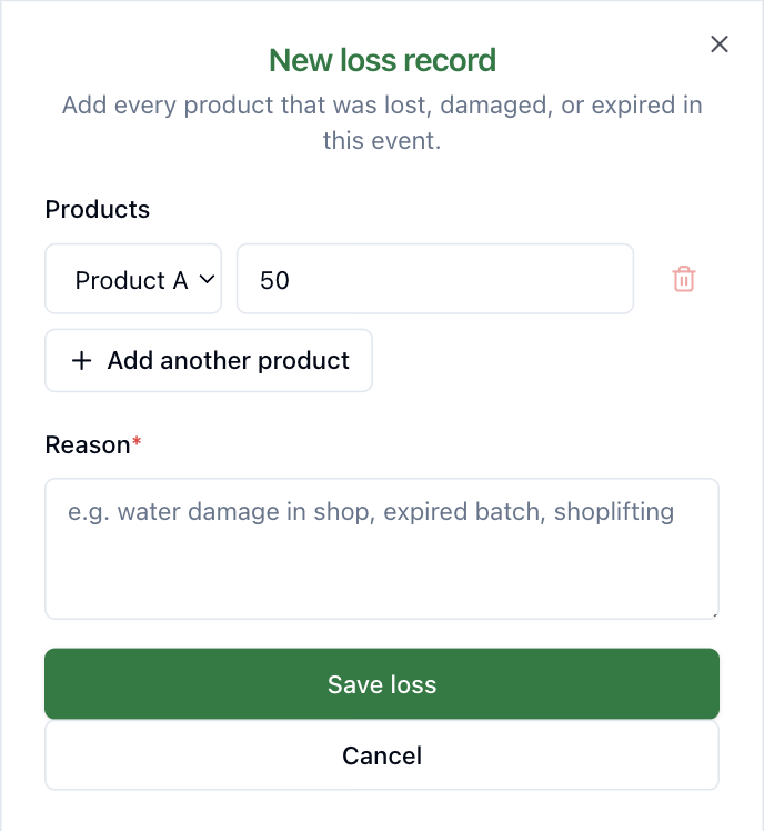 Loss record interface